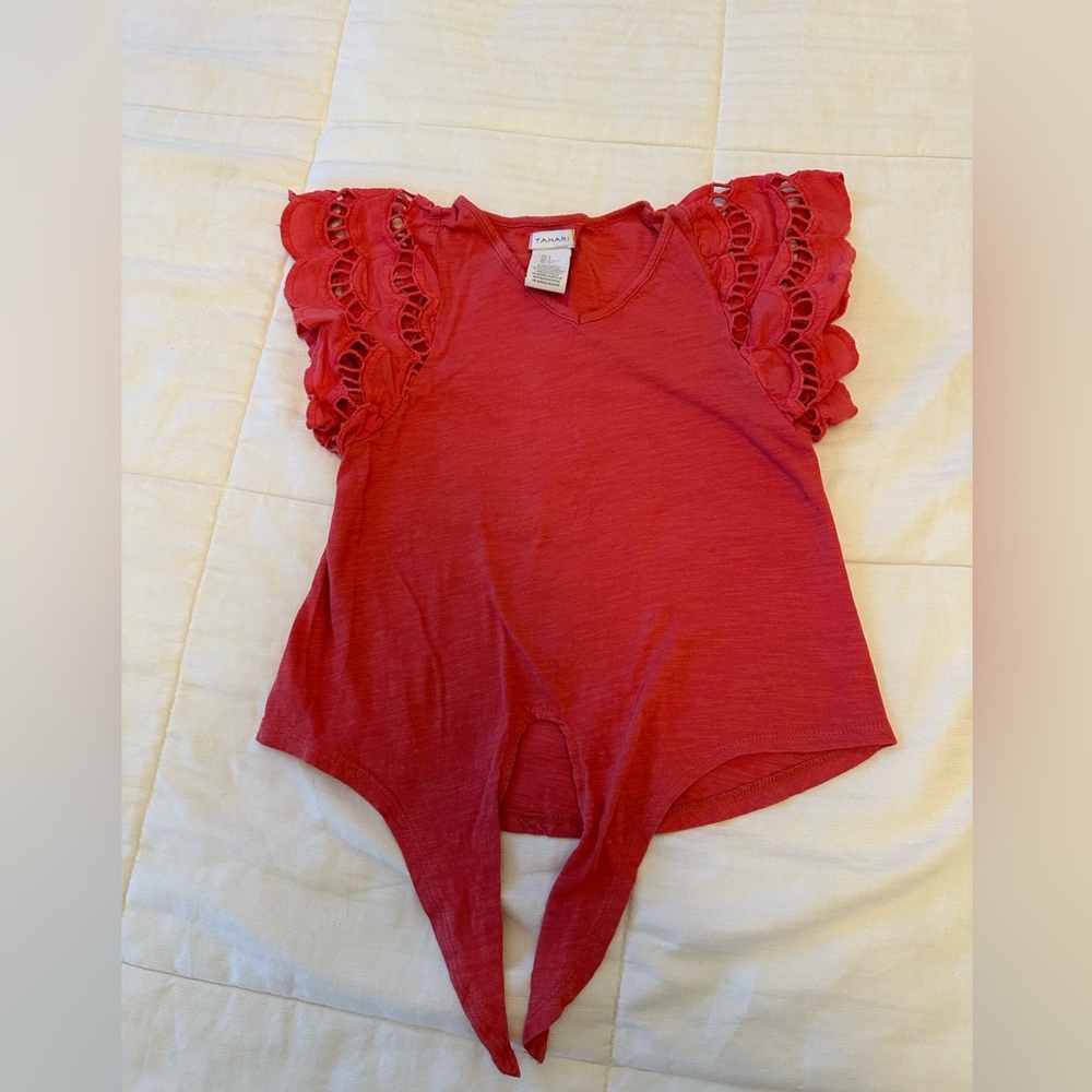 Tahari Red Ruffled Sleeve Tie Front Blouse
